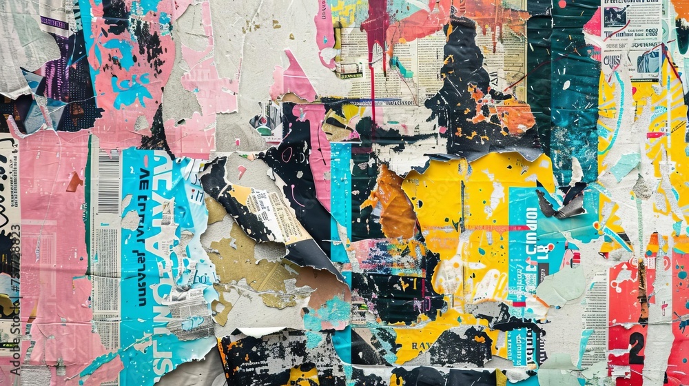 Obraz premium Grungy abstract backdrop featuring a vibrant collage of torn newspaper and magazine clippings, embellished with colorful graffiti elements. Edgy and dynamic urban texture