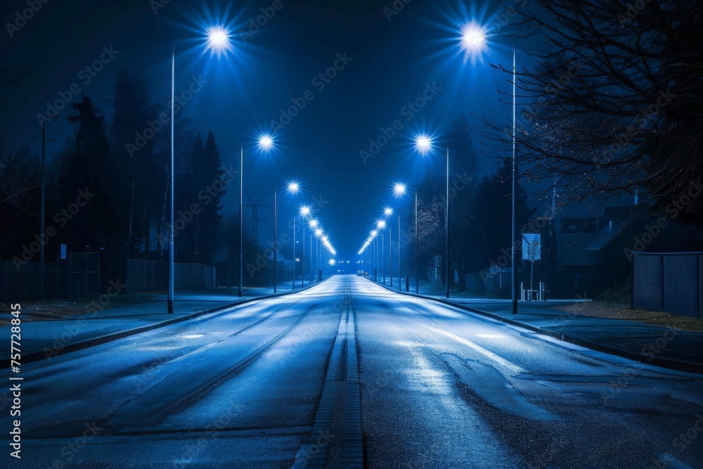 An empty street at night illuminated by street lights, creating a quiet and desolate scene