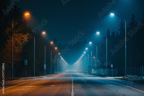 An empty wide road illuminated by street lights at night photo