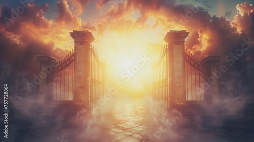 Heavenly gates opening to reveal a bright light, symbolizing the afterlife and spirituality