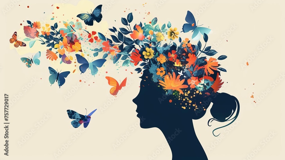Human mind with flourishing flowers and butterflies, representing positive thinking, creativity, self-care, and mental well-being