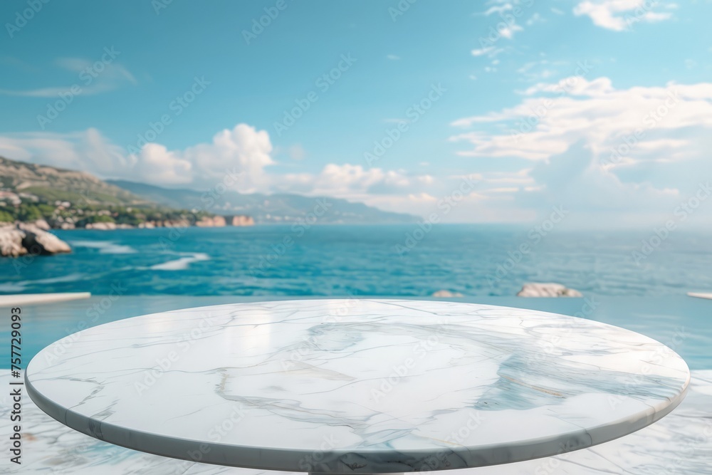 wide white marble table top with sea view background, mock up for display of product, montage your products