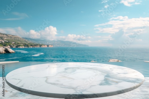 wide white marble table top with sea view background, mock up for display of product, montage your products © pham