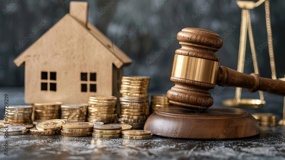 Judge's gavel and house model representing real estate law, taxes, and profits invested in property purchase, symbolizing the legal and financial aspects of the housing market Judge's gavel and house model representing real estate law, taxes, and profits invested in property purchase, symbolizing the legal and financial aspects of the housing market