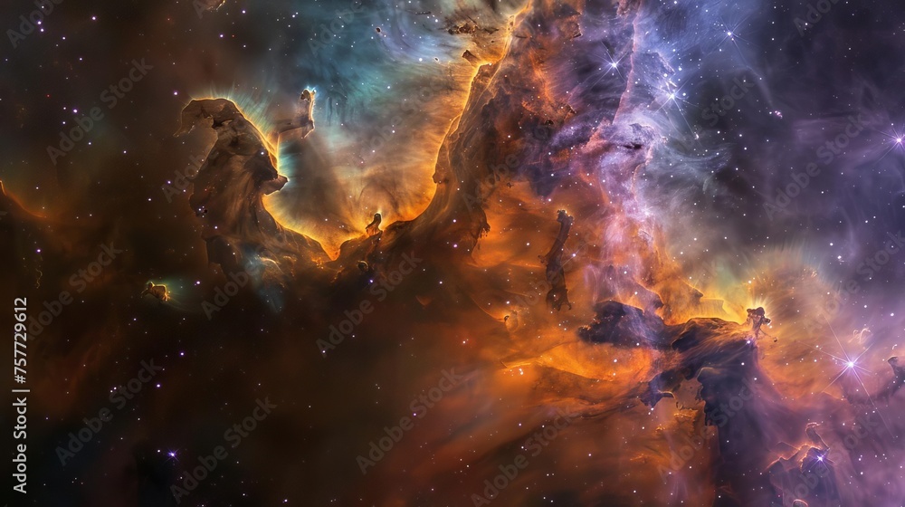 Majestic space nebula and galaxy, with vibrant colors and intricate cosmic structures, showcasing the breathtaking beauty and vastness of the universe.