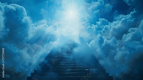 Majestic stairway leading up to heavenly light in sky, surreal concept of spiritual ascension and divine glory