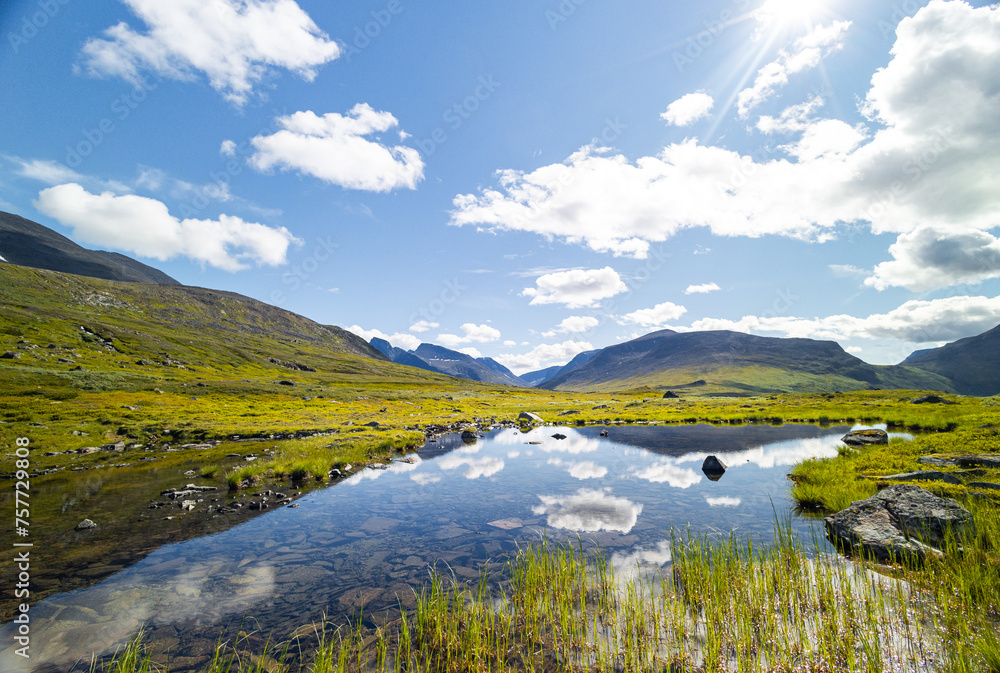A beautiful small mountain lake in Sarek National Park, Sweden during august. Summer landscape of northern wilderness in Scandinavia.