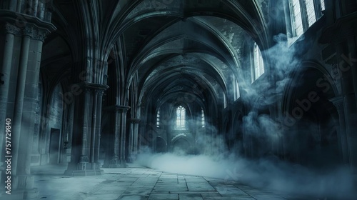Mysterious dark gothic hall with renaissance architecture  empty space illuminated by dim light and swirling smoke  creating an eerie and atmospheric ambiance