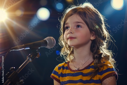 A young girl confidently stands in front of a microphone, participating in a national spelling bee competition. She spells challenging words with precision in front of the audience photo