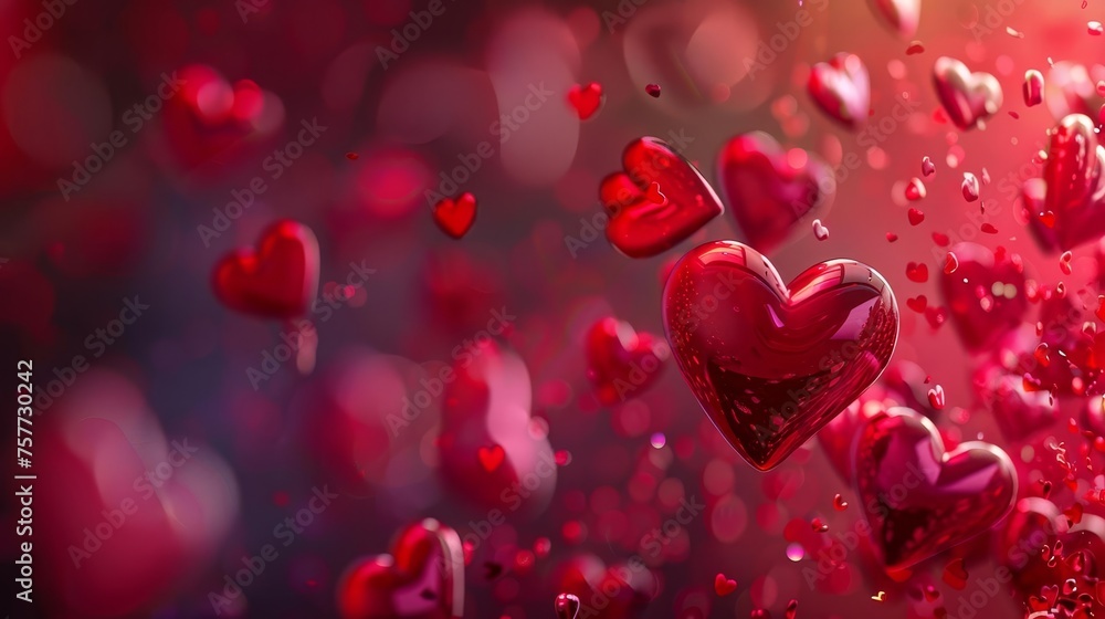 Romantic Valentine's Day background banner featuring a panoramic view of vibrant red hearts floating on an abstract backdrop, symbolizing the concept of love, affection, and celebration