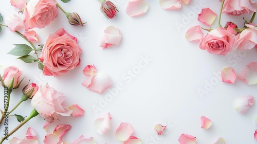 Romantic decorative web banner featuring a close-up of delicate pink rose flowers and petals on a pristine white table. Floral frame composition with ample negative space for text