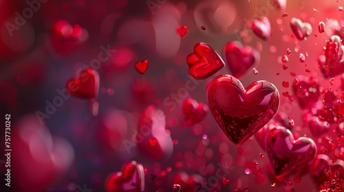 Romantic Valentine's Day background banner featuring a panoramic view of vibrant red hearts floating on an abstract backdrop, symbolizing the concept of love, affection, and celebration
