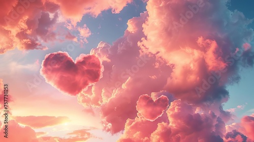 Romantic heart-shaped clouds float dreamily in a vibrant, colorful sky, perfect for Valentine's Day