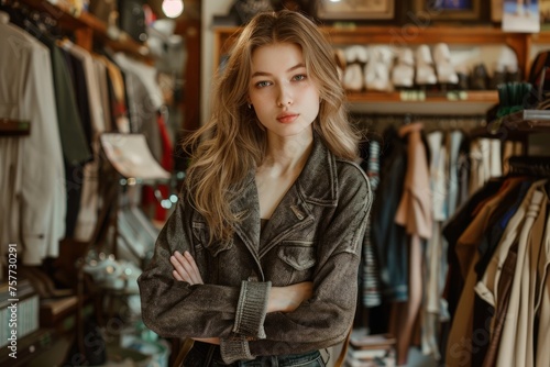 A young woman, a fashion business owner, poses confidently in front of a rack of clothes at her store