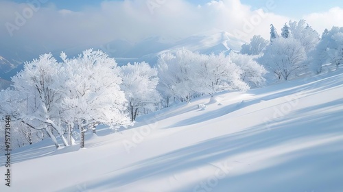 Serene and tranquil snow landscape, capturing the beauty and stillness of a winter wonderland, blanketed in pristine white
