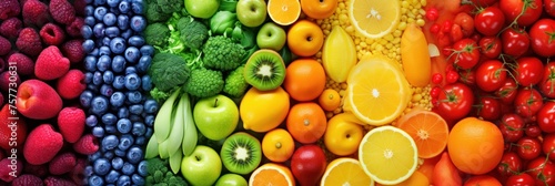 Variety of fresh fruits, top view, bright rainbow colors.