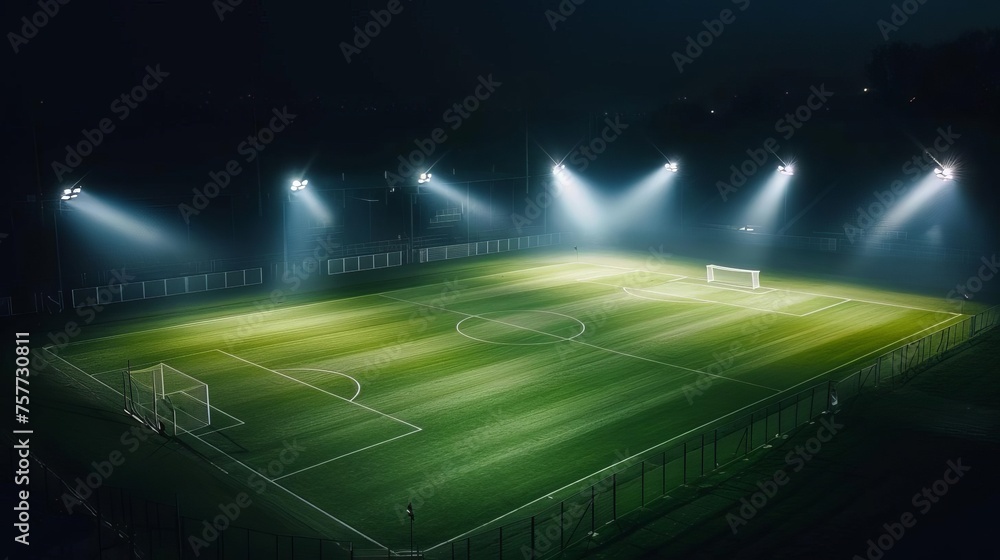Stadium floodlights illuminating soccer field at night, creating dramatic atmosphere for evening sports events and matches