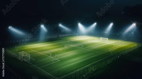 Stadium floodlights illuminating soccer field at night, creating dramatic atmosphere for evening sports events and matches © Bijac