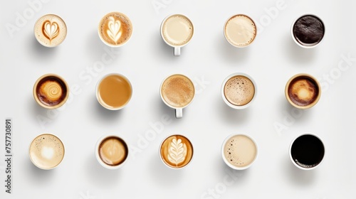 Many cups of different coffee on white background.
