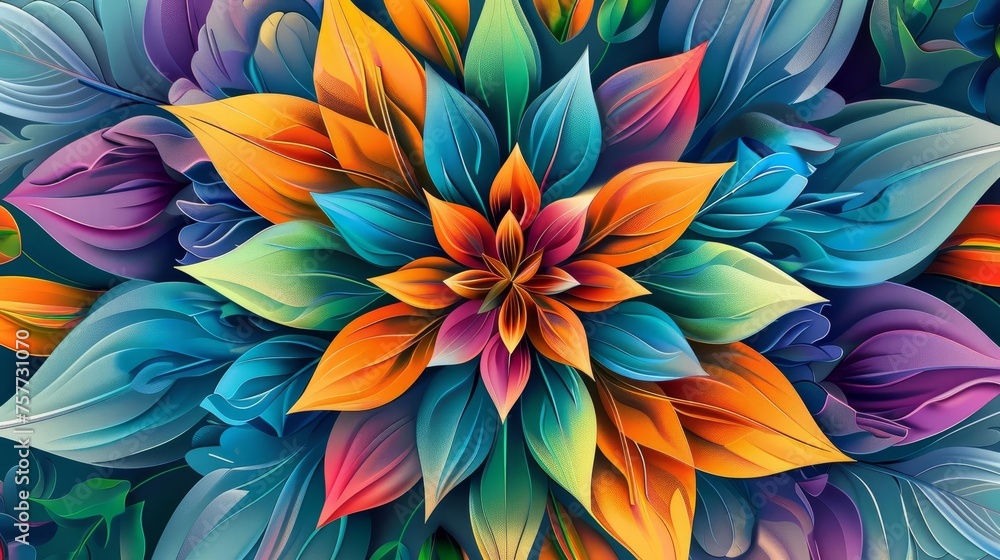 Vibrant and colorful abstract flower design, featuring a beautiful and intricate pattern of petals and shapes Vibrant and colorful abstract flower design, featuring a beautiful and intricate pattern of petals and shapes