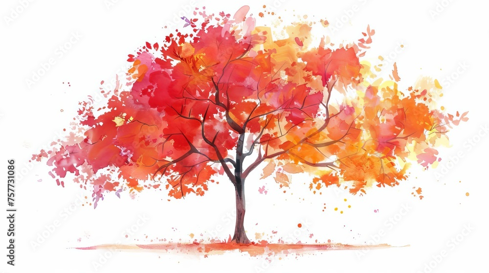 Vibrant autumn tree watercolor banner isolated on crisp white background, capturing the essence of fall's colorful foliage. Horizontal composition perfect for seasonal designs