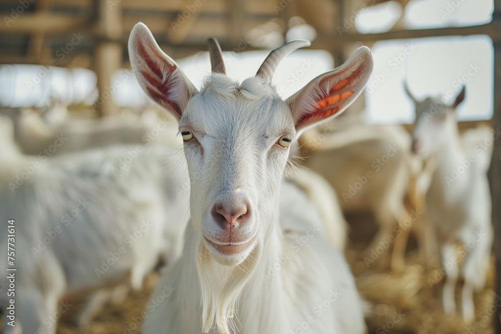Curious white goat on a sunny rural farm with a friendly expression Curious white goat on a sunny rural farm with a friendly expression