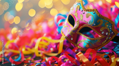 Colorful venetian mask amidst ribbons and confetti with festive bokeh lights