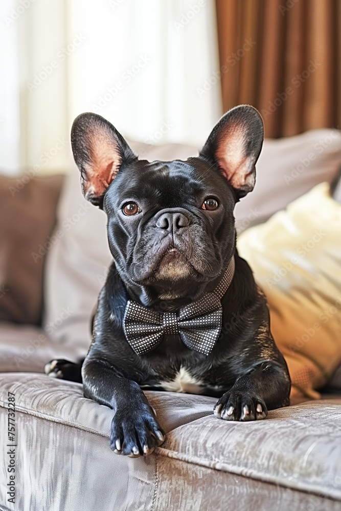 Portrait of a  French Bulldog Wearing a Bow Tie on a Sofa