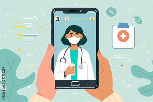 Hands holding a phone with doctor on the screen. Online doctor, medical consultation, health care services concept. photo