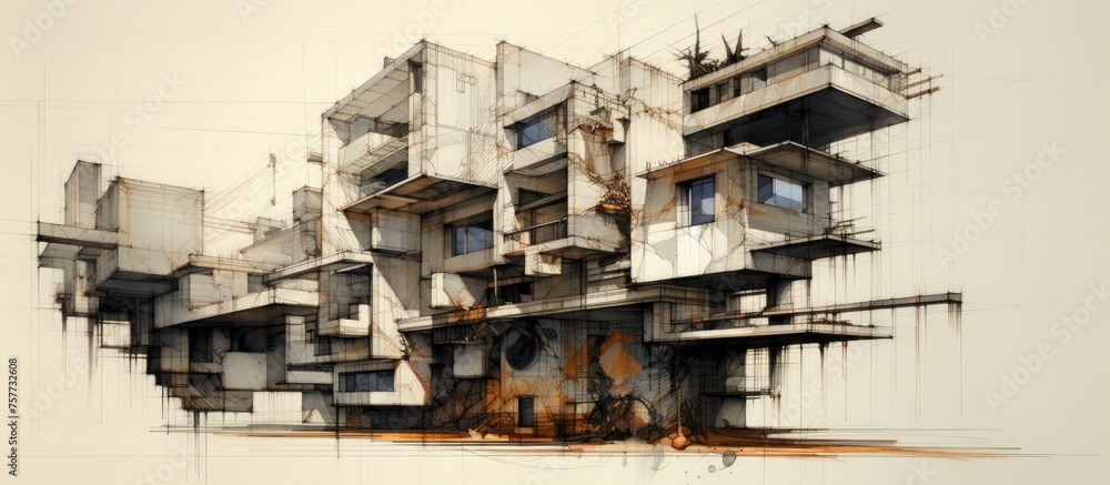 An artistic drawing of a building with a facade made of wood and composite materials, featuring a rectangular shape and numerous windows, set against a white background An artistic drawing of a building with a facade made of wood and composite materials, featuring a rectangular shape and numerous windows, set against a white background