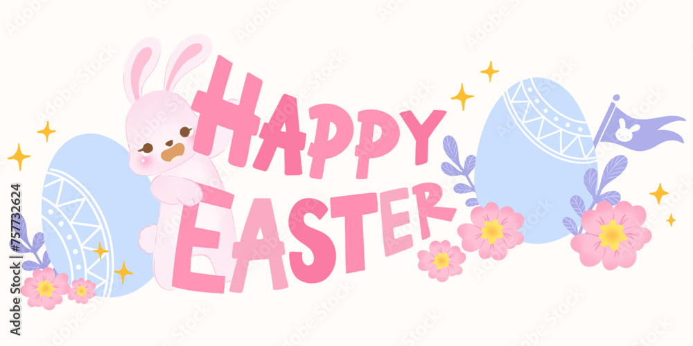 Easter fast with cuties bunny. Happy easter day. Religious symbols happy easter, easter eggs. Easter greetings. 