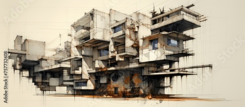 An artistic drawing of a building with a facade made of wood and composite materials, featuring a rectangular shape and numerous windows, set against a white background