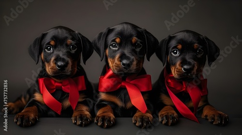 Group of dog with red ribbon, adorable cute funny puppies posing at camera studio shot, pet animal in costume festive season message greeting card concept