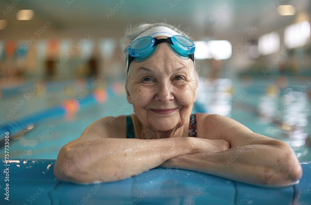 A senior woman with swimming goggles resting on the edge of an indoor pool