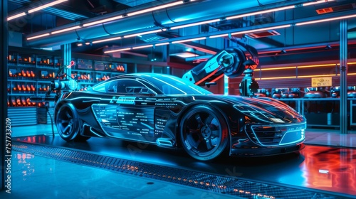 A futuristic car with holographic interfaces, suspended in a high-tech mechanics workshop, under neon lights