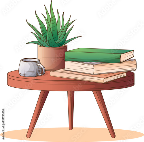 Vector illustration of table with haworthia plant, cup and books. Hand drawn illustration of zebra plant. Interior, bookstore, flower shop concept. 