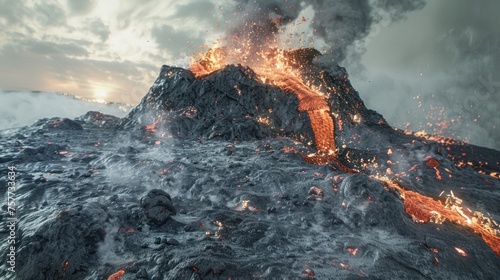 volcanic eruptions Show lava spilling onto the ground. The sky is full of ash.