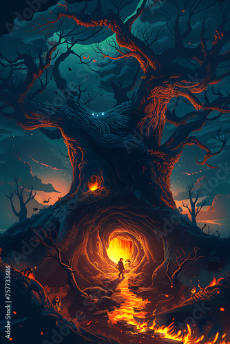 An animated aesthetic tailored for preteens showcases a towering tree with a foreboding entrance. In the dead of night, two teenagers venture towards the tree amidst a fiery backdrop