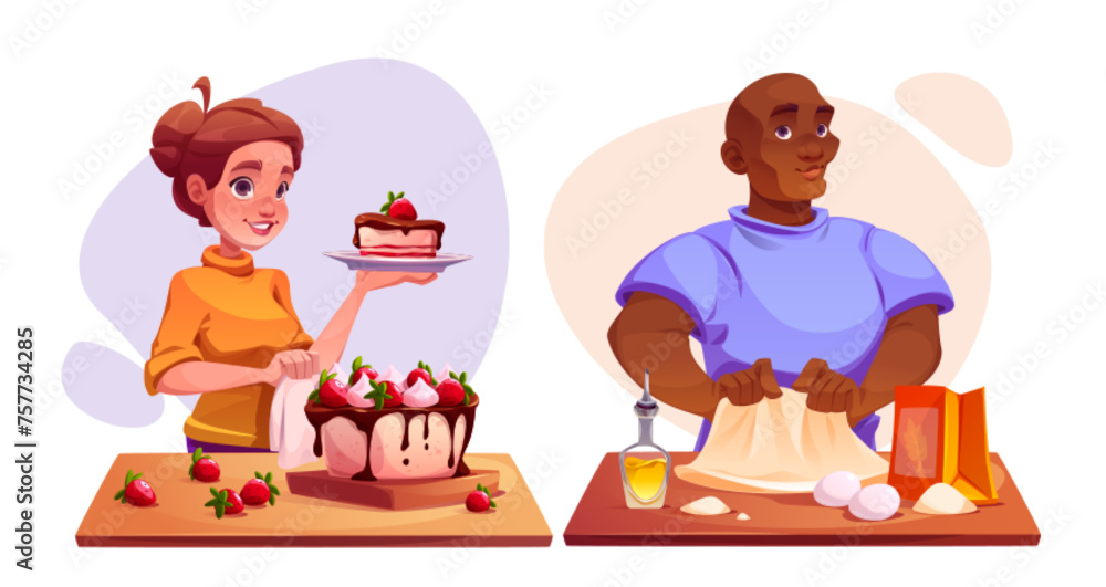 Man and woman cooking food isolated on white background. Vector cartoon illustration of amateur cook characters baking sweet strawberry cake, kneading dough on wooden table, kitchen class students - obrazy, fototapety, plakaty 