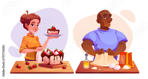 Man and woman cooking food isolated on white background. Vector cartoon illustration of amateur cook characters baking sweet strawberry cake, kneading dough on wooden table, kitchen class students