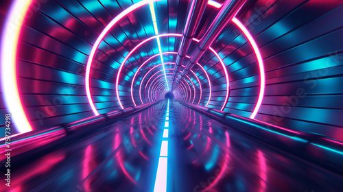 A mesmerizing view inside a futuristic tunnel illuminated with neon lights in a gradient of vibrant pink and blue hues
