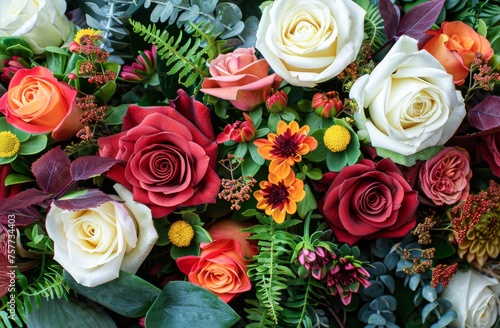 Colorful Assortment of Fresh Flowers and Greenery Arranged on a Light Background