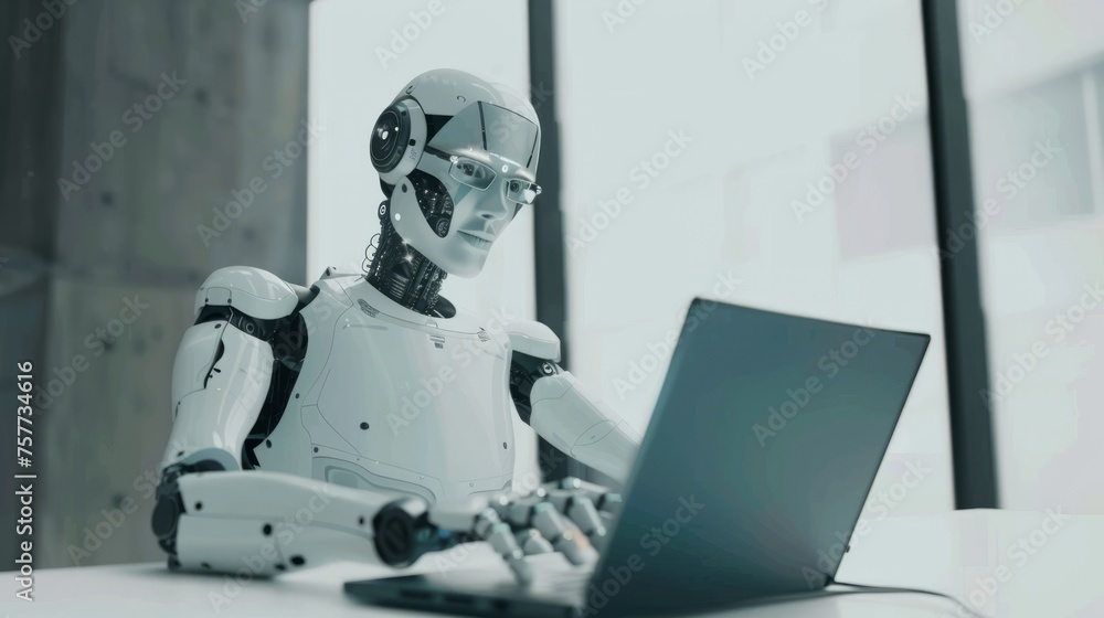 The AI robot sits at a desk, typing on a laptop. The robot appears to work in the manner of an office employee. Interaction between humans and artificial intelligence technologies. The AI robot sits at a desk, typing on a laptop. The robot appears to work in the manner of an office employee. Interaction between humans and artificial intelligence technologies.