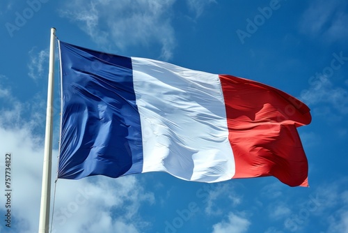 The French flag is fluttering in the wind against the clear blue sky photo