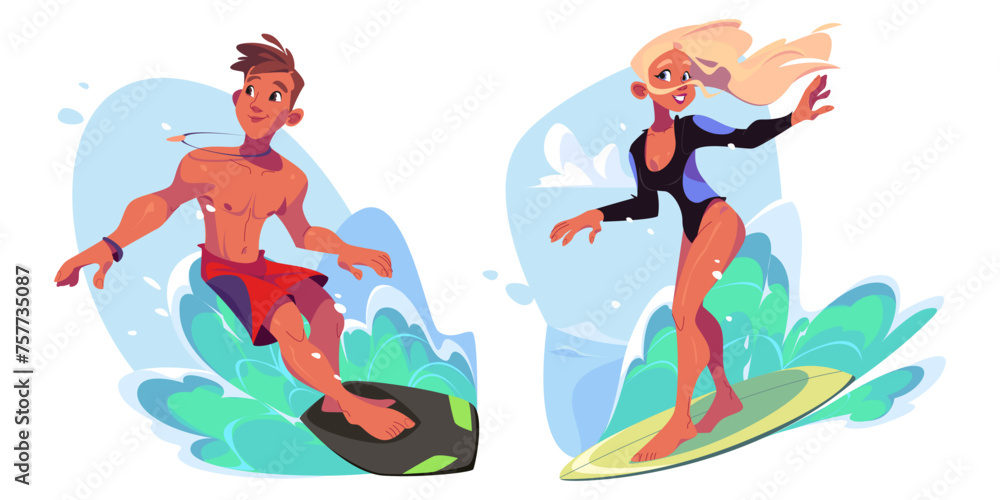 Surfers catching and riding wave on board. Cartoon vector illustration set of young man and woman standing on surfboard in sea or ocean. Happy active people swimming. Summer beach extreme adventure. - obrazy, fototapety, plakaty 