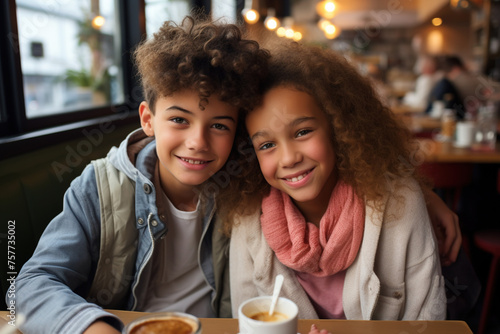 Portrait of smiling multiracial teenage school couple romantic mutual love on date in cafe restaurant. First love relationship sensuality tenderness photo