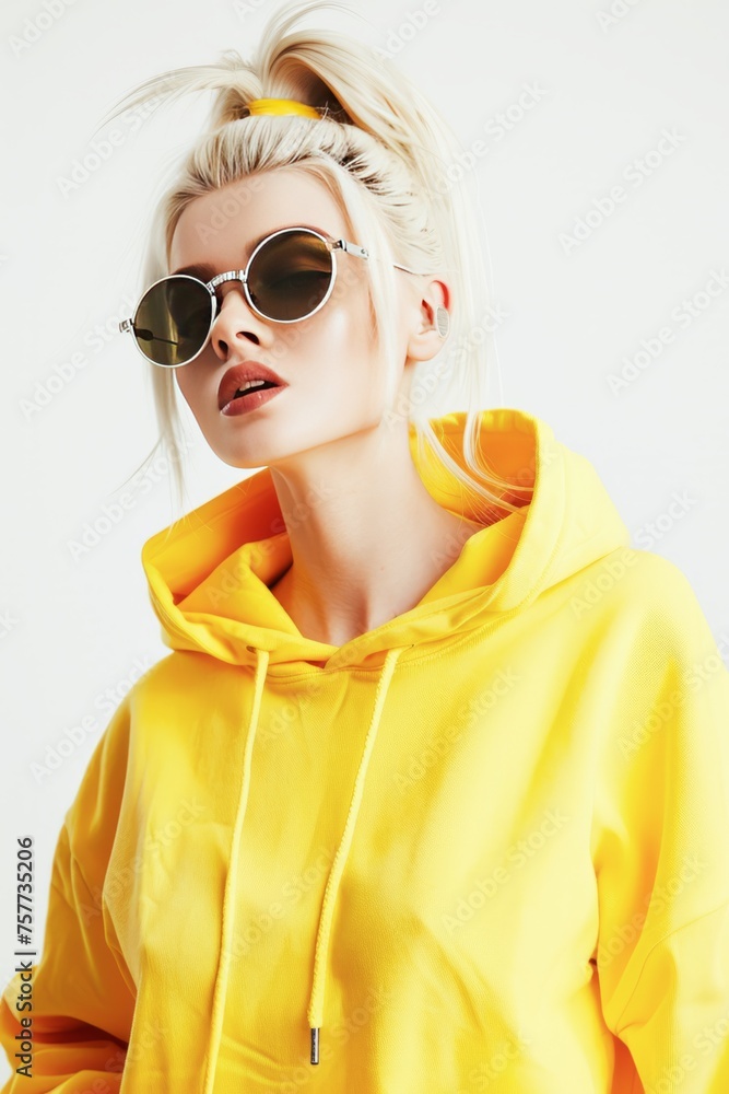 Fashionable Woman in a Vibrant Yellow Hoodie and Oversized Sunglasses Posing Indoors Fashionable Woman in a Vibrant Yellow Hoodie and Oversized Sunglasses Posing Indoors