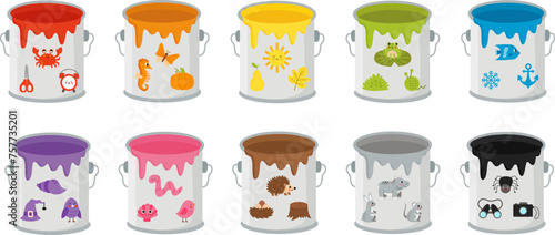 Vector illustration of cartoon paint cans with colorful objects. Color sorting for kids.