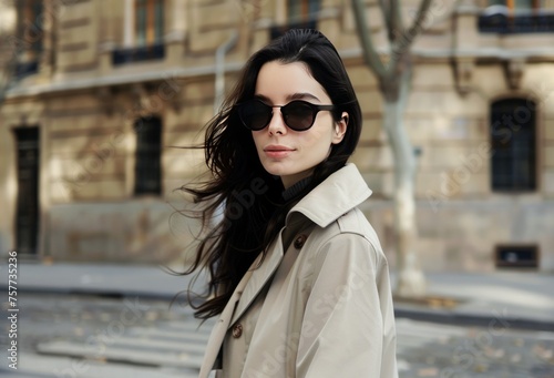 Fashionable Young Woman Wearing Sunglasses and Trench Coat on a Sunny City Street © Olena Rudo