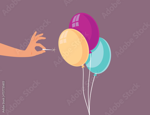 Hand Holding a Needle Trying to Pop a Balloon Vector Cartoon. Person threatening to burst a bubble at a party 